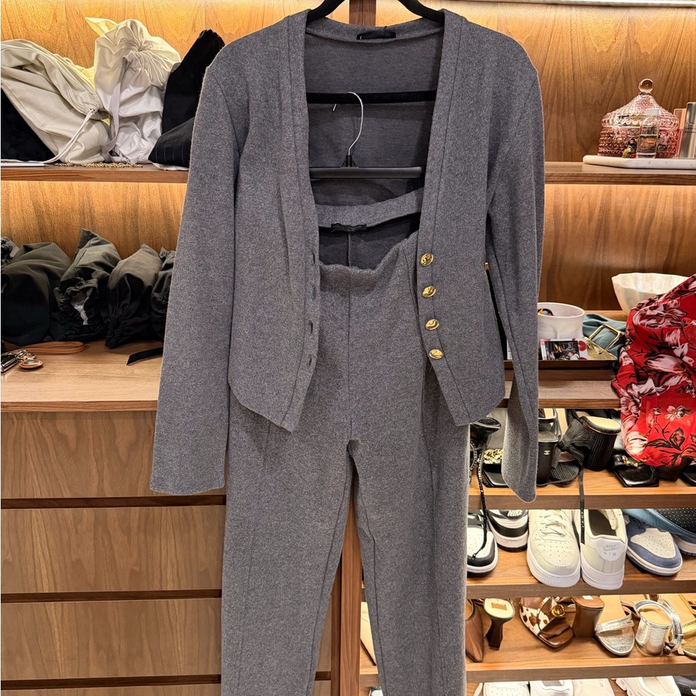 Gray sweater and Pants Set with Gold Buttons